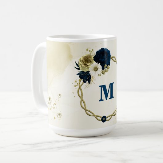Marineblauw ivoor gouden bloemen monogram koffiemok (Voorkant links)
