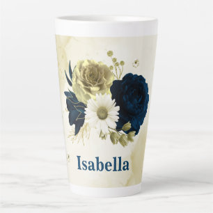 marineblauw ivoor gouden bloemen monogram latte mok