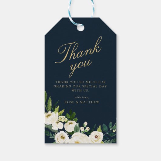 Marineblauw ivoor wit bloemencadeau label cadeaulabel (Voorkant)