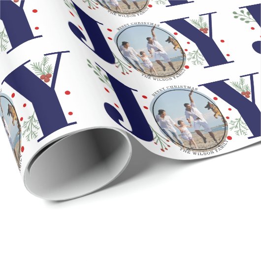 Marineblauw JOY Vrolijk kerstvakantie foto Cadeaupapier (Rol Hoek)