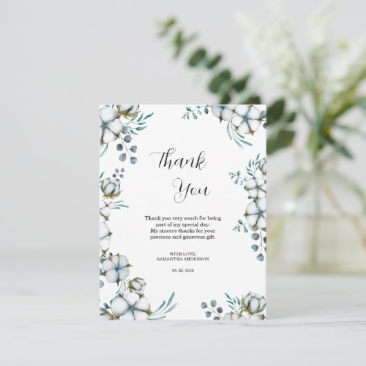 Marineblauw Katoenbloemen eucalyptus Vrijgezellenf Bedankkaart (Staand voorkant)