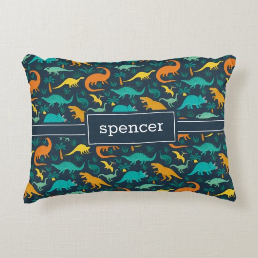 Marineblauw | Kinder naam van het kleurrijke dinos Accent Kussen (Voorkant)