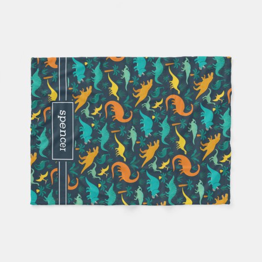 Marineblauw | Kinder naam van het kleurrijke dinos Fleece Deken (Voorkant (Horizontaal))