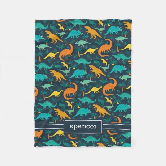 Marineblauw | Kinder naam van het kleurrijke dinos Fleece Deken (Voorkant)