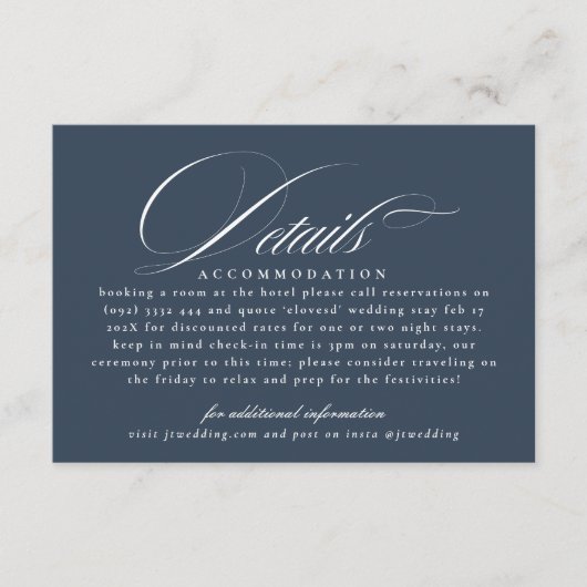 Marineblauw Klassieke Kalligrafie Bruiloft Details Informatiekaartje (Voorkant)