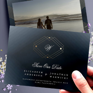 marineblauw klassieker deco goudmonogram foto save the date