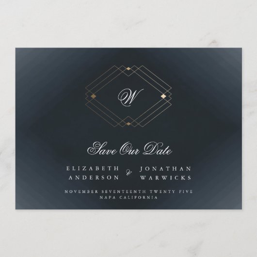 marineblauw klassieker deco goudmonogram foto save the date (Voorkant)