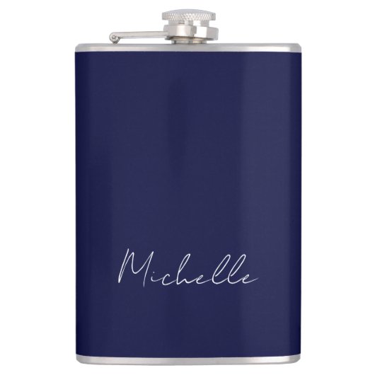 Marineblauw Kleur Gewoon Modern Eigen Naam Kalligr Heupfles (Voorkant)