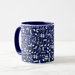 Marineblauw Kobaltblauw Witte Dansende Muzieknoten Mok