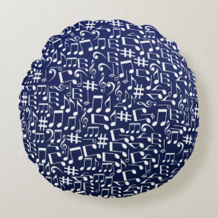 Marineblauw Kobaltblauw Witte Dansende Muzieknoten Rond Kussen