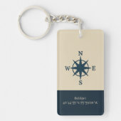 marineblauw kompas met naam en coördinaten sleutelhanger (Voorkant)