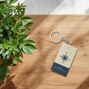 marineblauw kompas met naam en coördinaten sleutelhanger