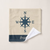 marineblauw kompas & Monogram Beige Kusthuis Bad Handdoek (Wasdoekje)