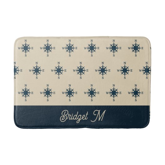 marineblauw kompas & Monogram Beige Kusthuis Badmat (Voorkant)