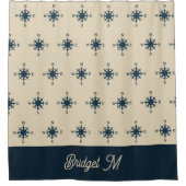 marineblauw kompas & Monogram Beige Kusthuis Douchegordijn (Voorkant)