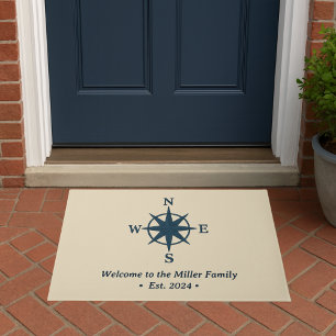 marineblauw kompas op beige & welkom Familienaam Deurmat