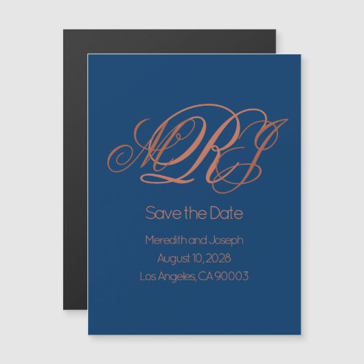 Marineblauw koper Elegant Monogram Save the Date Magnetische Uitnodiging (Voorkant / Achterkant)