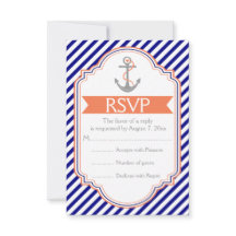 Marineblauw, koraal anker nautische bruiloft RSVP