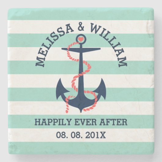 Marineblauw & Koraal Nauitisch Scheepsanker Met St Stenen Onderzetter (Voorkant)