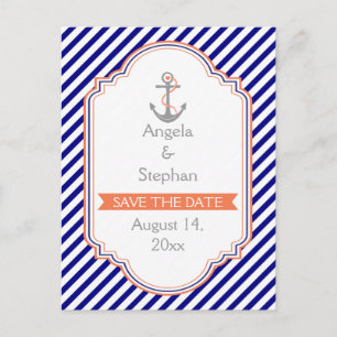 Marineblauw, koraal nautische bruiloft Save the Da Aankondigingskaart