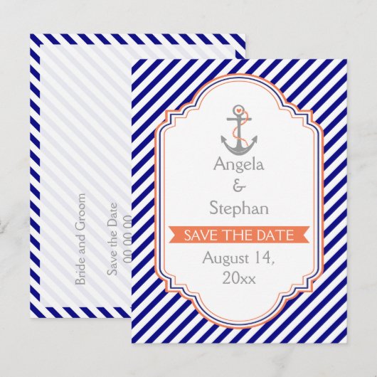 Marineblauw, koraal nautische bruiloft Save the Da Aankondigingskaart (Voorkant / Achterkant)