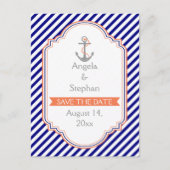 Marineblauw, koraal nautische bruiloft Save the Da Aankondigingskaart (Voorkant)