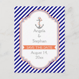 Marineblauw, koraal nautische bruiloft Save the Da Aankondigingskaart