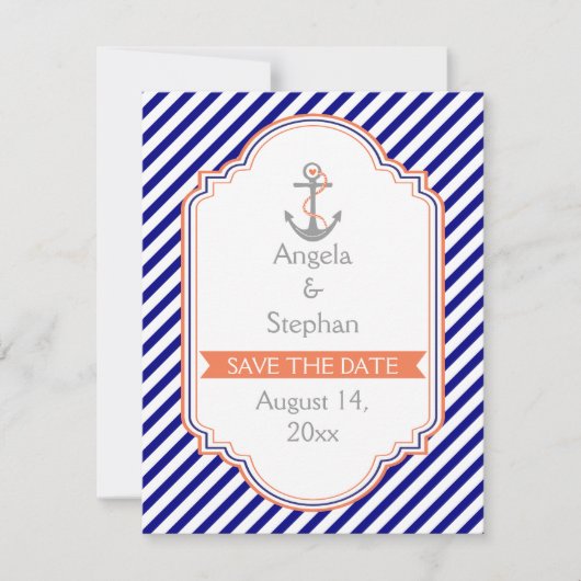Marineblauw, koraal nautische bruiloft Save the Da Date (Voorkant)