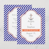 Marineblauw, koraal nautische bruiloft Save the Da Date (Voorkant / Achterkant)