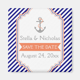 Marineblauw, koraal nautische bruiloft Save the Da Magneet