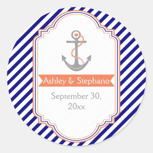 Marineblauw, koraal nautische bruiloft Save the Da Ronde Sticker (Voorkant)