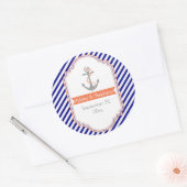 Marineblauw, koraal nautische bruiloft Save the Da Ronde Sticker (Envelop)
