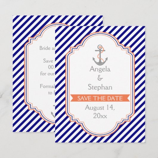 Marineblauw, koraal nautische bruiloft Save the Da Save The Date (Voorkant / Achterkant)