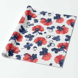 Marineblauw & Koraal Papaver Bloem Vintage Cadeaupapier