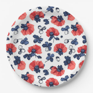 Marineblauw & Koraal Papaver Bloemige Vintage Papieren Bordje