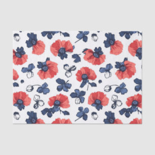 Marineblauw & Koraal Papaver Bloemige Vintage Tissuepapier