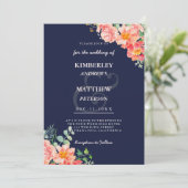 Marineblauw koraalroze waterverf elegant Weddensch Kaart (Staand voorkant)