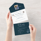 marineblauw kust nautisch paar foto monogram all in one uitnodiging (Afscheurbaar)