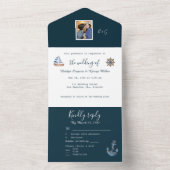 marineblauw kust nautisch paar foto monogram all in one uitnodiging (Binnen)