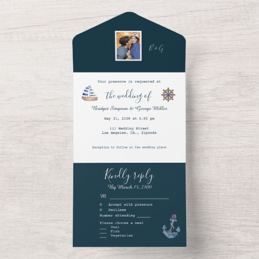 marineblauw kust nautisch paar foto monogram all in one uitnodiging (Binnen)