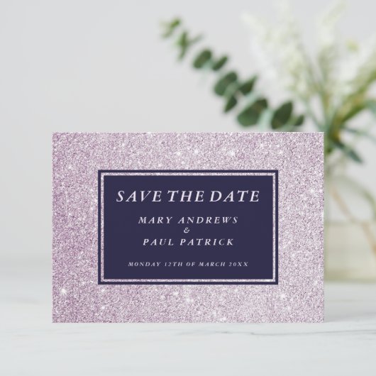 Marineblauw lavendel glam glitter Save The Date (Staand voorkant)