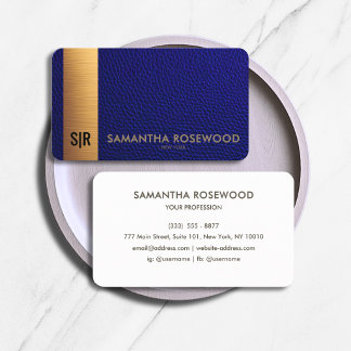 Marineblauw Leer & Geborsteld Goud Paneel Monogram Visitekaartje