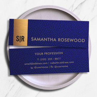 Marineblauw Leer & Geborsteld Gouden Balk Monogram Mini Visitekaartje