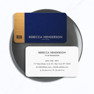 Marineblauw Leer & Goud met Wit Achter Monogram Visitekaartje