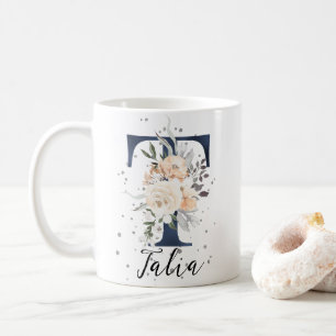 Marineblauw Letter T Perzik Bloemen Monogram Koffiemok