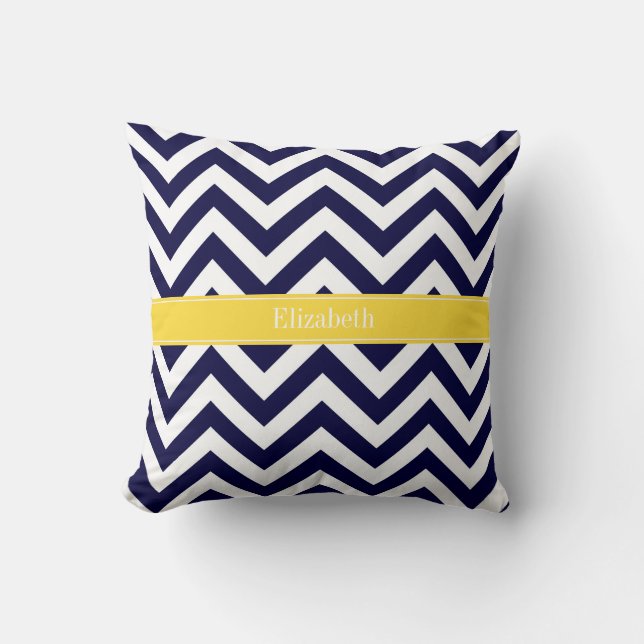 Marineblauw Lg Chevron Ananas Naam Monogram Kussen (Voorkant)