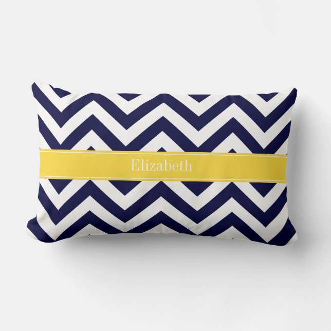 Marineblauw Lg Chevron Ananas Naam Monogram Kussen (Voorkant)