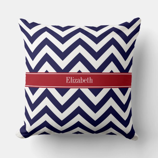 Marineblauw Lg Chevron Cranberry Naam Monogram Kussen (Voorkant)