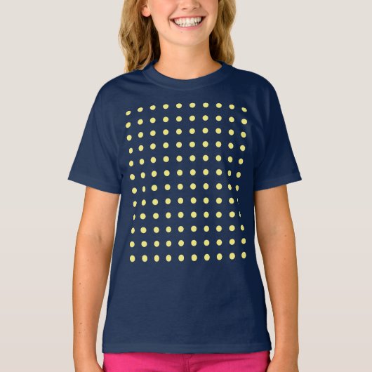 Marineblauw licht geel polka stippen trendy t-shirt (Voorkant)