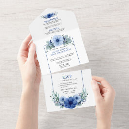 Marineblauw, Lichtblauw Anemoon Bloemen | All In One Uitnodiging